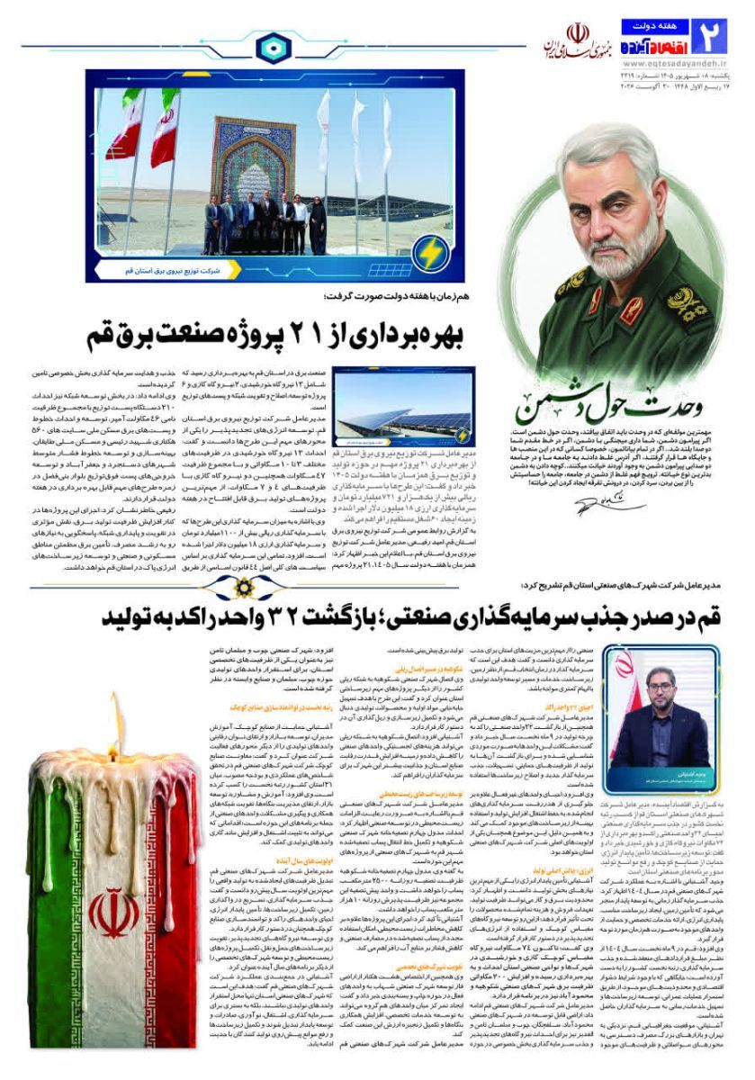 شماره اختصاصی روزنامه اقتصادآینده ویژه استان قم در هفته دولت جمهوری اسلامی